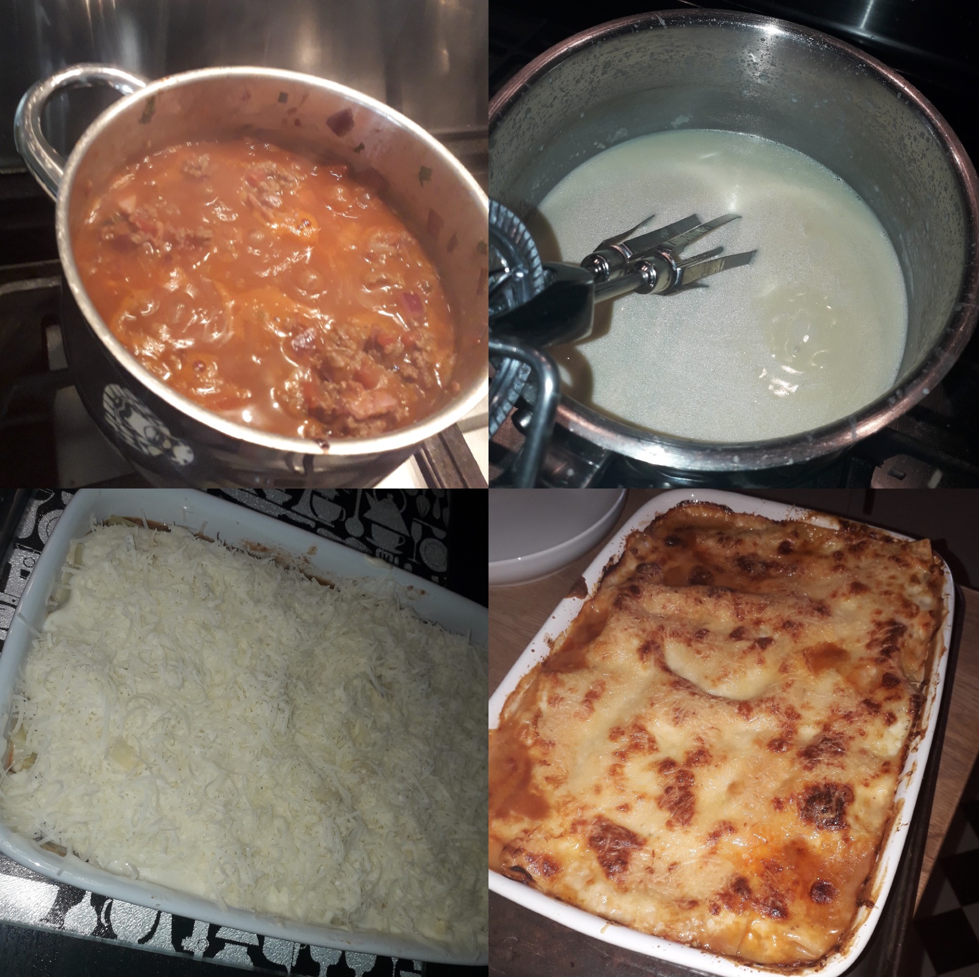 Ragù Bolognese, cream sauce, lasagne before being put in the oven, and the finished product.