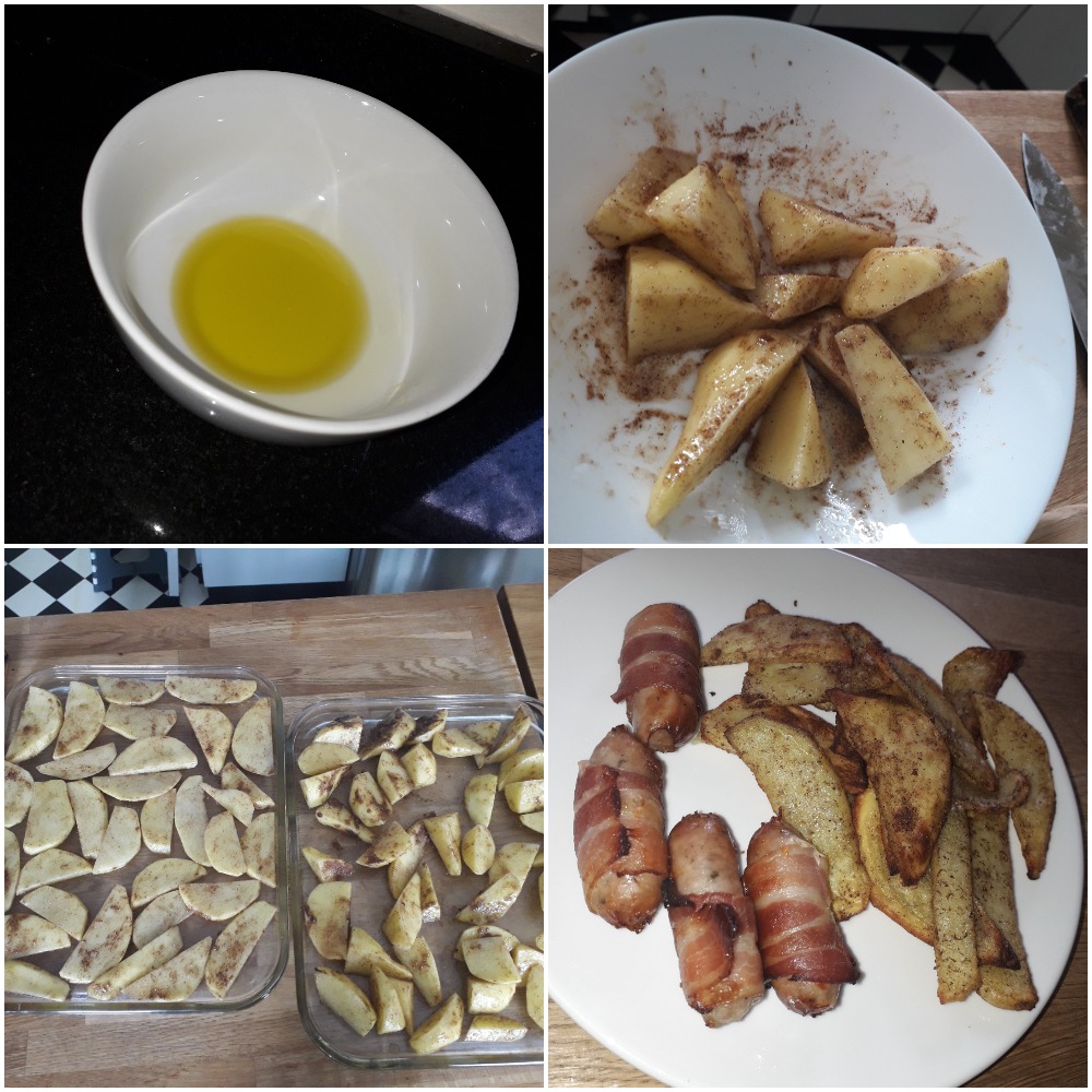 Olive oil bowl, tossing wedges in spice, baking tray with wedges, wedges served with cocktail sausages wrapped in bacon.