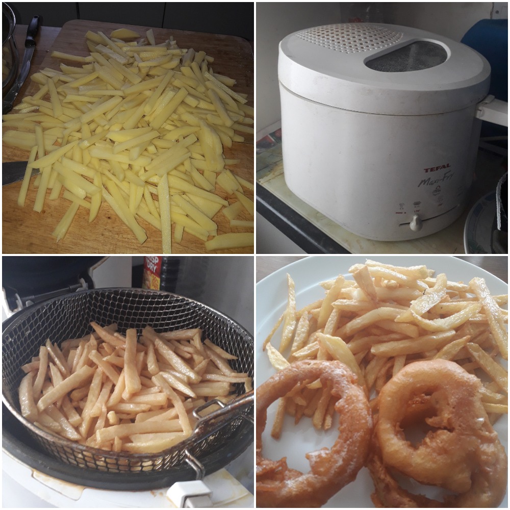 Chopped Potatoes, a deep fat fryer, chips being taken out of the deep fat fryer, chips served with home made onion rings.