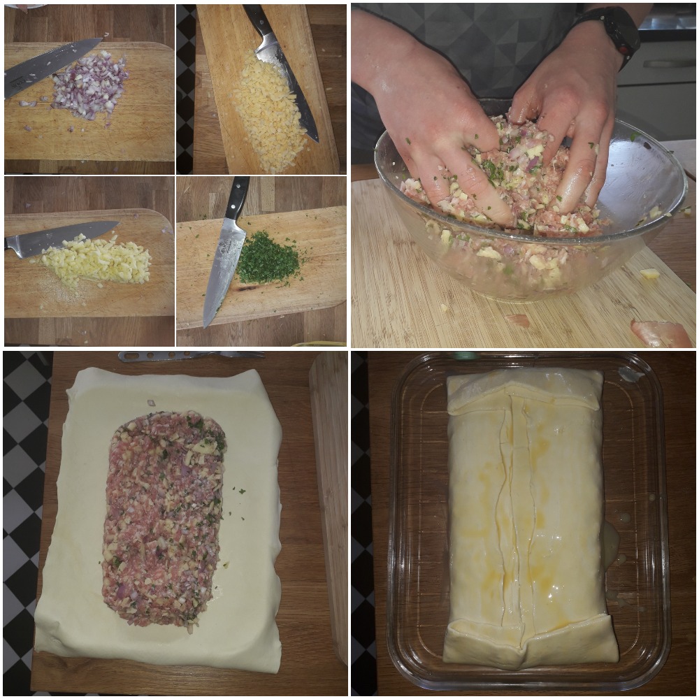 Chopped ingredients, hand-mixing the ingredients, mixture on pastry, pastry brushed with egg